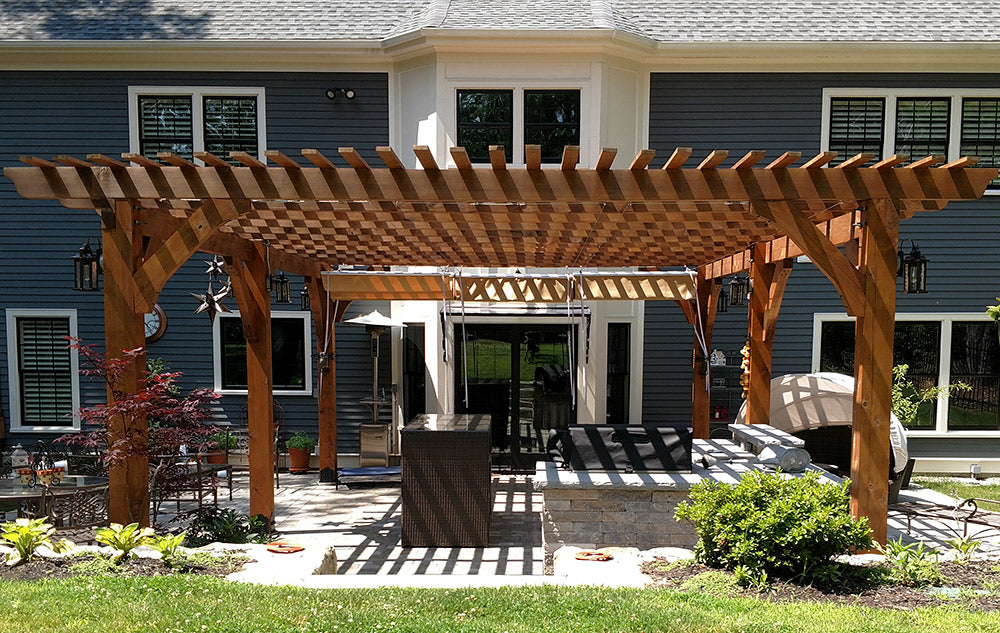 Outdoor Pergola Built with Western Red Cedar Beams - Front View