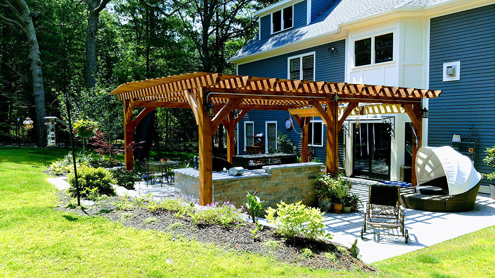Outdoor Pergola Built with Western Red Cedar Beams - Side View