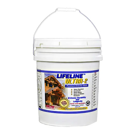 White bucket of Lifeline Ultra 2 exterior stain on a white background