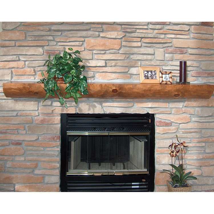 Installed White Pine Half Log Mantel Without Corbels