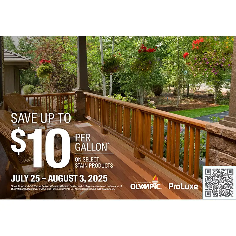 Promotional advertisement for Olympic ProLuxe wood stain products on a wooden deck.