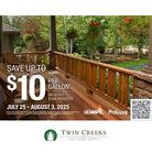 Advertisement for Twin Creeks Log Home Supply with a wooden deck and outdoor furniture, featuring a promotion on stain products.