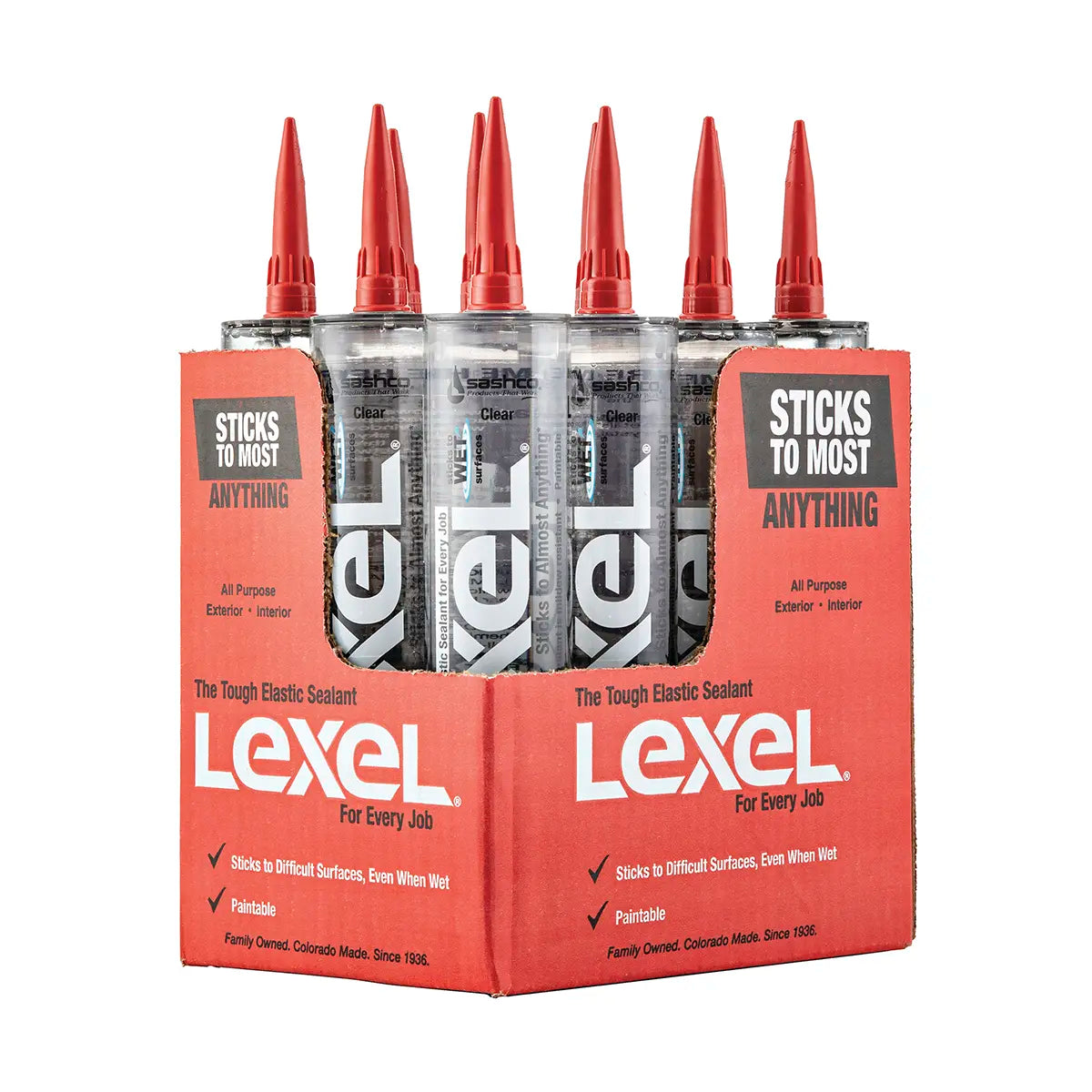 Box of Sashco Lexel caulk with twelve tubes on a white background