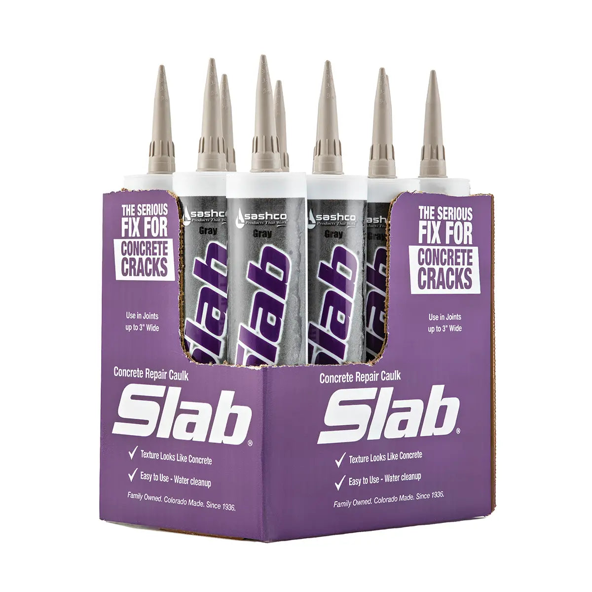 Box of Slab concrete repair caulk tubes on a white background