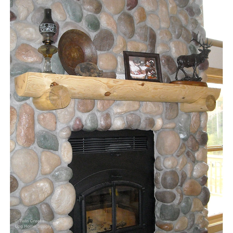 White Pine Half-Log Mantel With Coped Supports Installed Over Stone