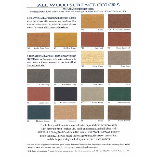 X-100 Natural Seal Wood Protective Coating - Color Chart